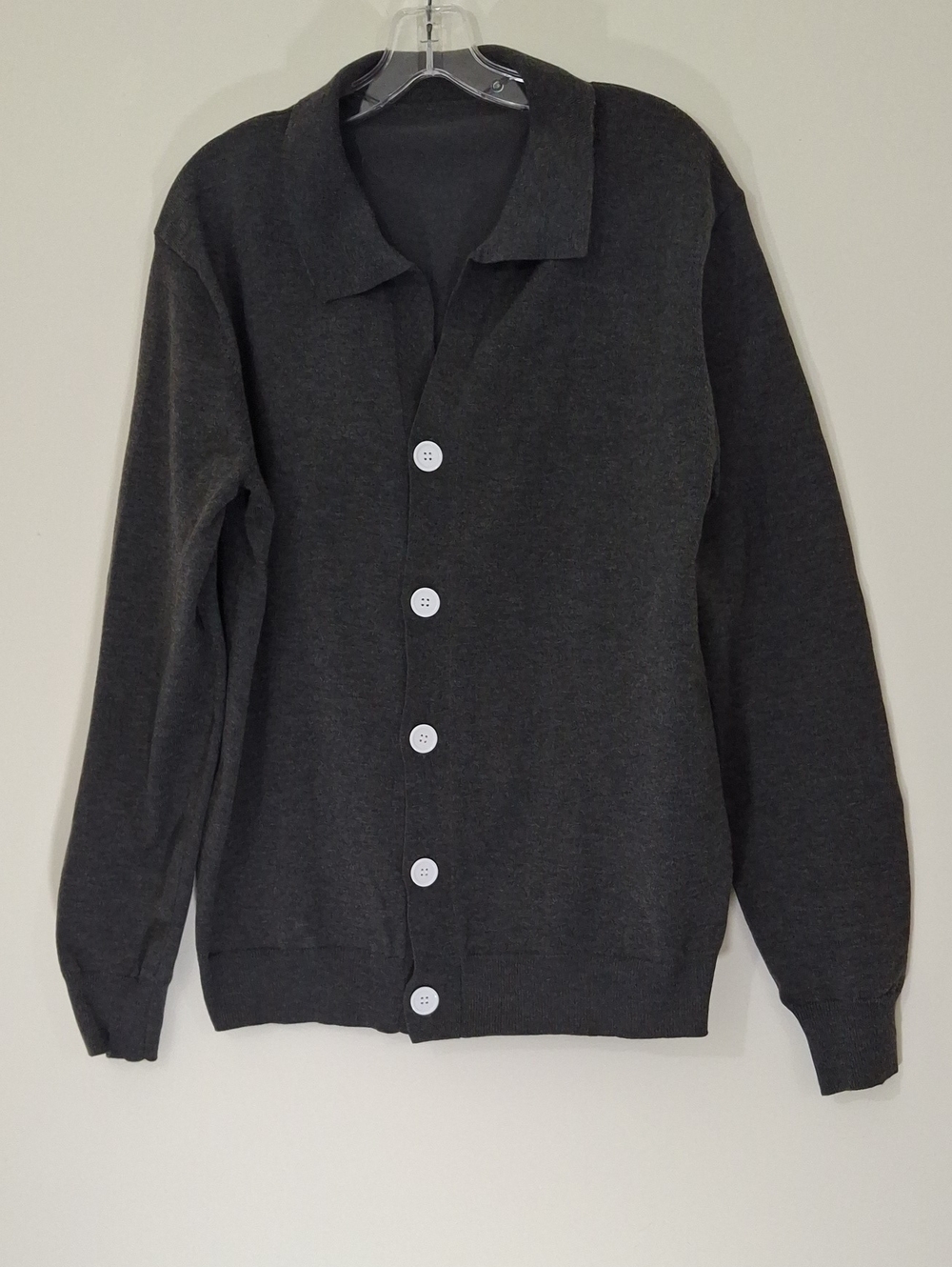 Italian Men's Collared Button-Front Cardigan in Dark Gray, Size XL